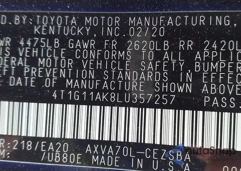2020 Toyota Camry Se from USA, damaged, VIN 4T1G11AK8LU357257